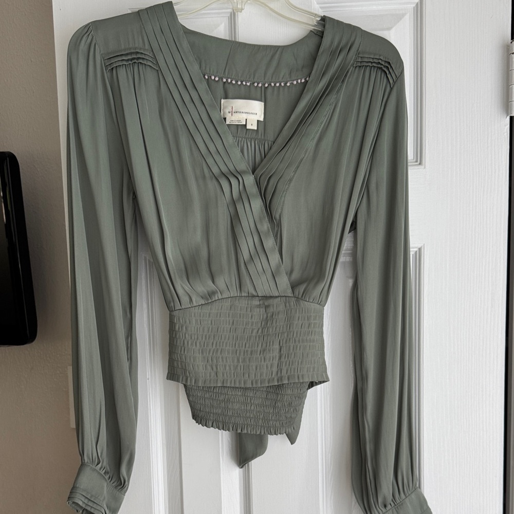 Anthropologie Sage Green Pleated Wrap-Style Blouse